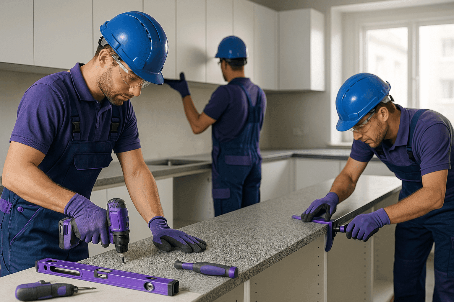 Professional kitchen remodeling workers installing cabinetry and countertops at a clean residential site