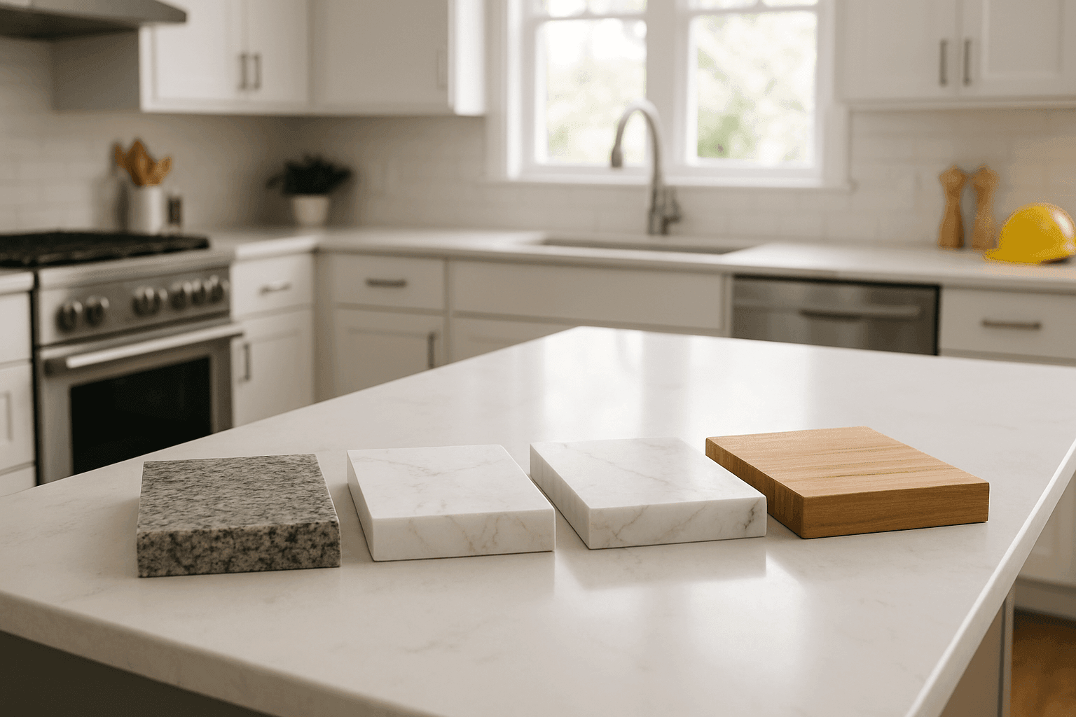 Close-up of different kitchen countertop samples including granite, quartz, and butcher block on display