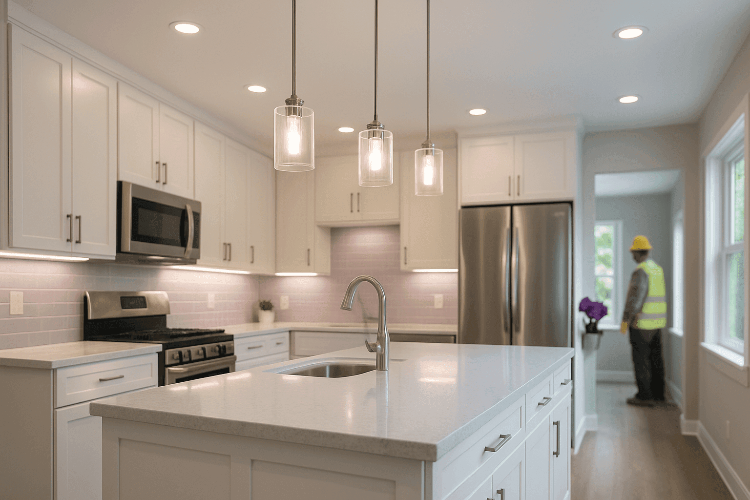 Modern kitchen remodel with layered lighting including pendant and under-cabinet lights