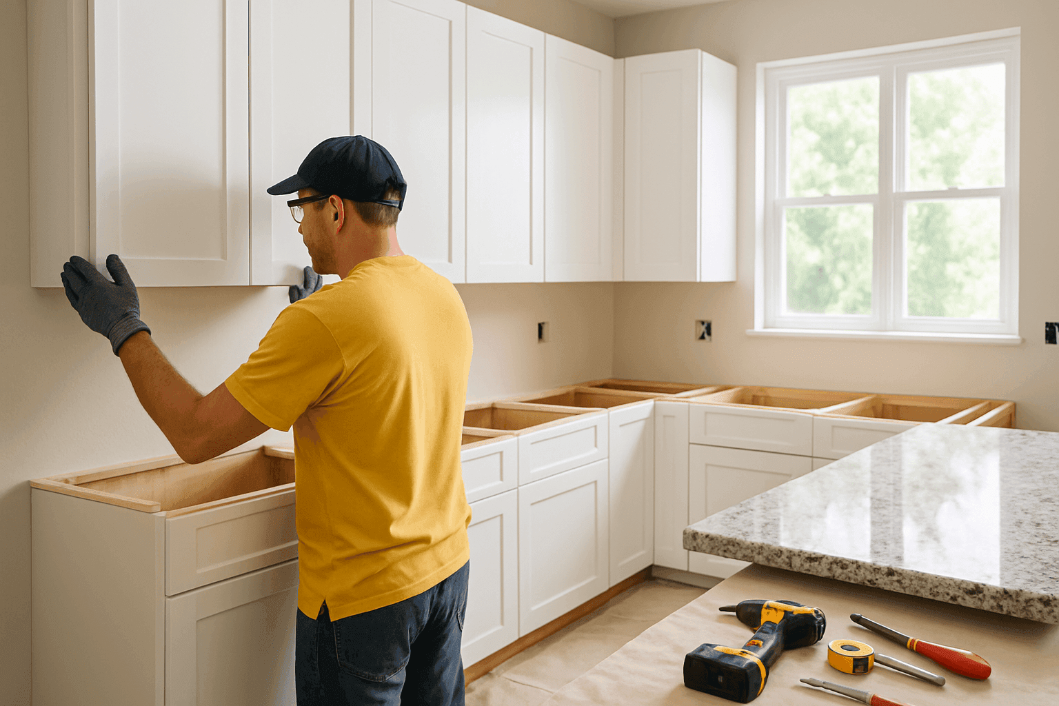 Modern kitchen remodel in progress showing custom cabinets and countertop installation