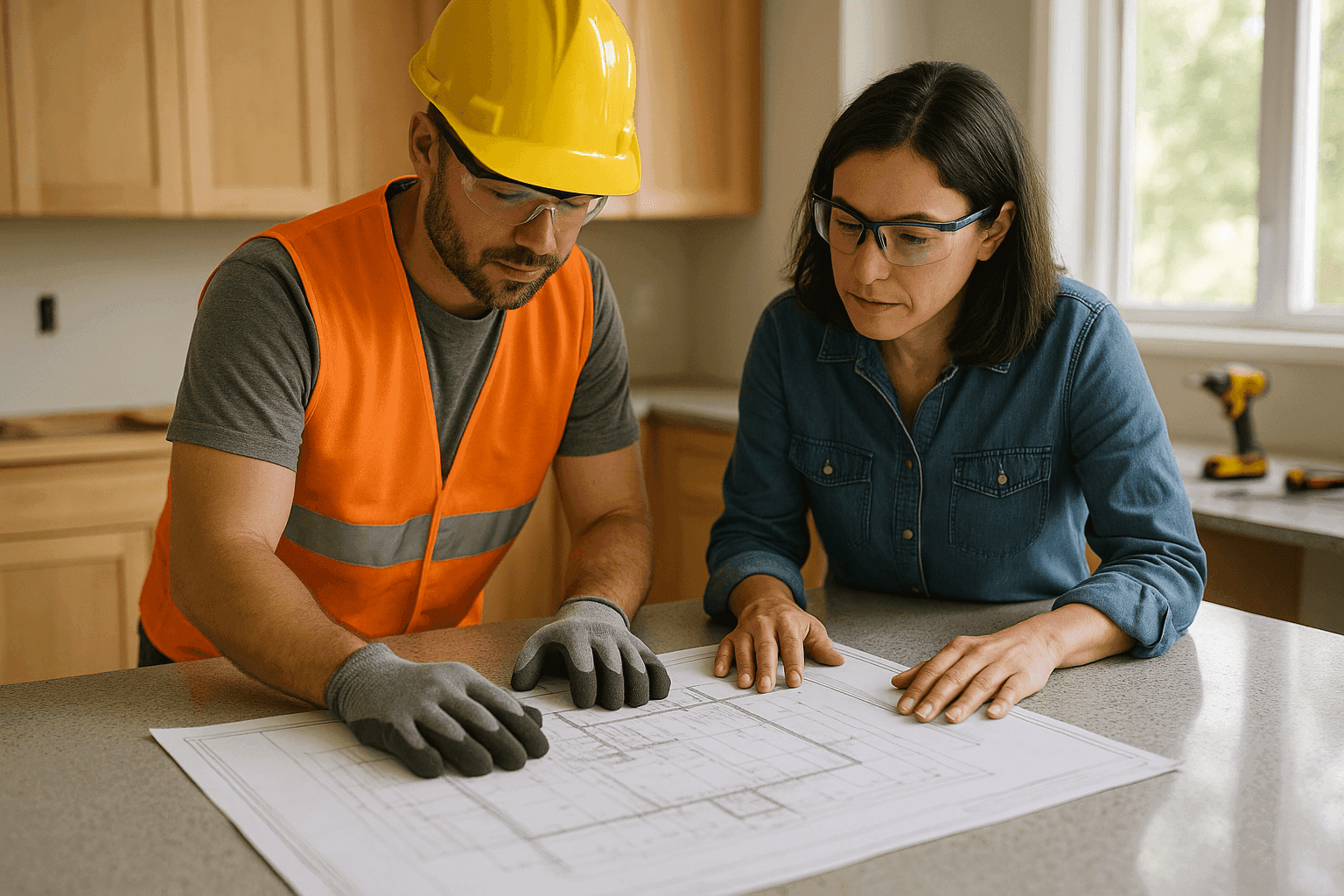 Contratista y propietario revisando los planos de remodelación de cocina para evitar errores